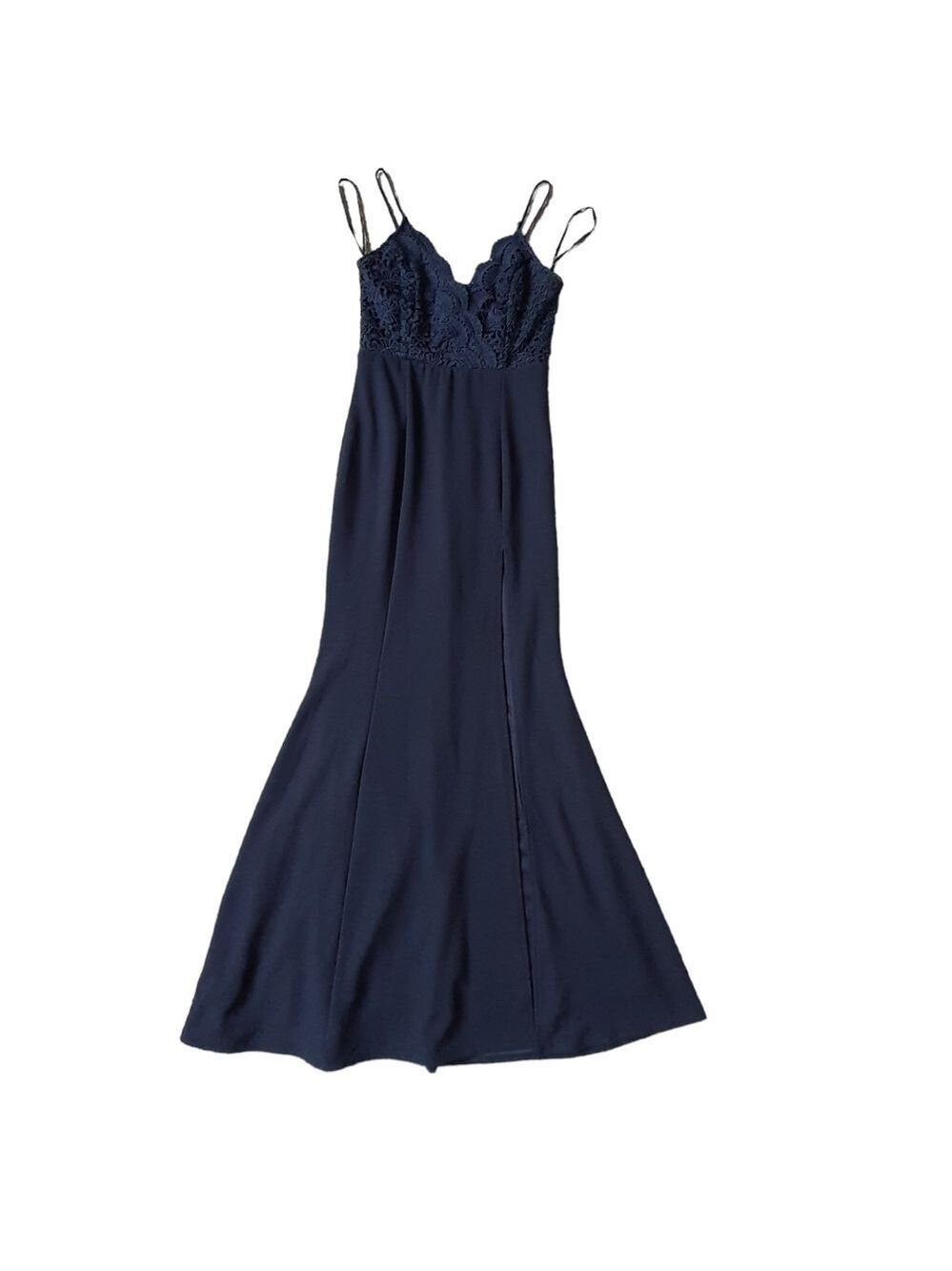 Lulu's Formal Navy Dress 'Madalyn' High Slit Sleeveless Lace Upper Maxi Gown (S)